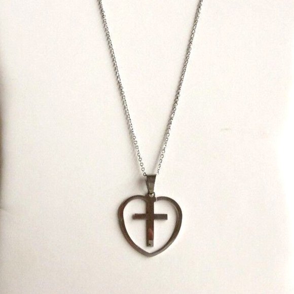 Sacred Heart Cross Necklace 24" Silver Stainless Steel Catholic Christian Gift - Picture 6 of 12